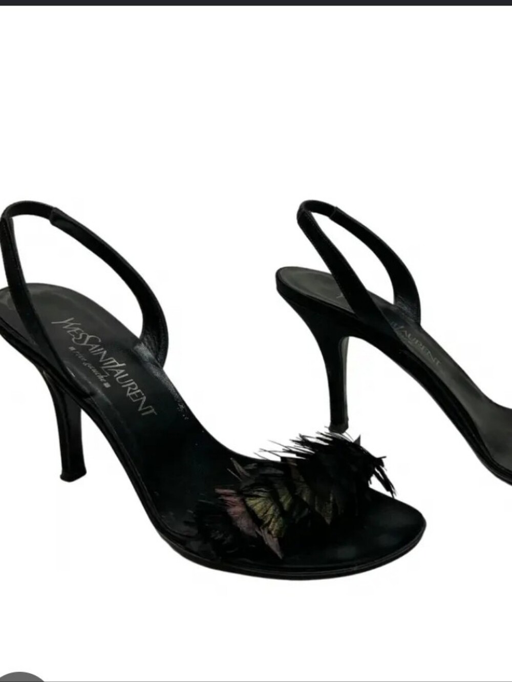 Yves Saint Laurent Black Feather Trim Slingback Heel